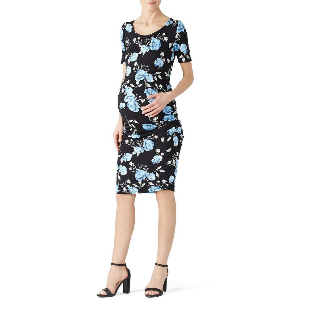 Yumi Kim Blossom Maternity Dress Floral Short Sleeve Scoop Neck Sheath Black M